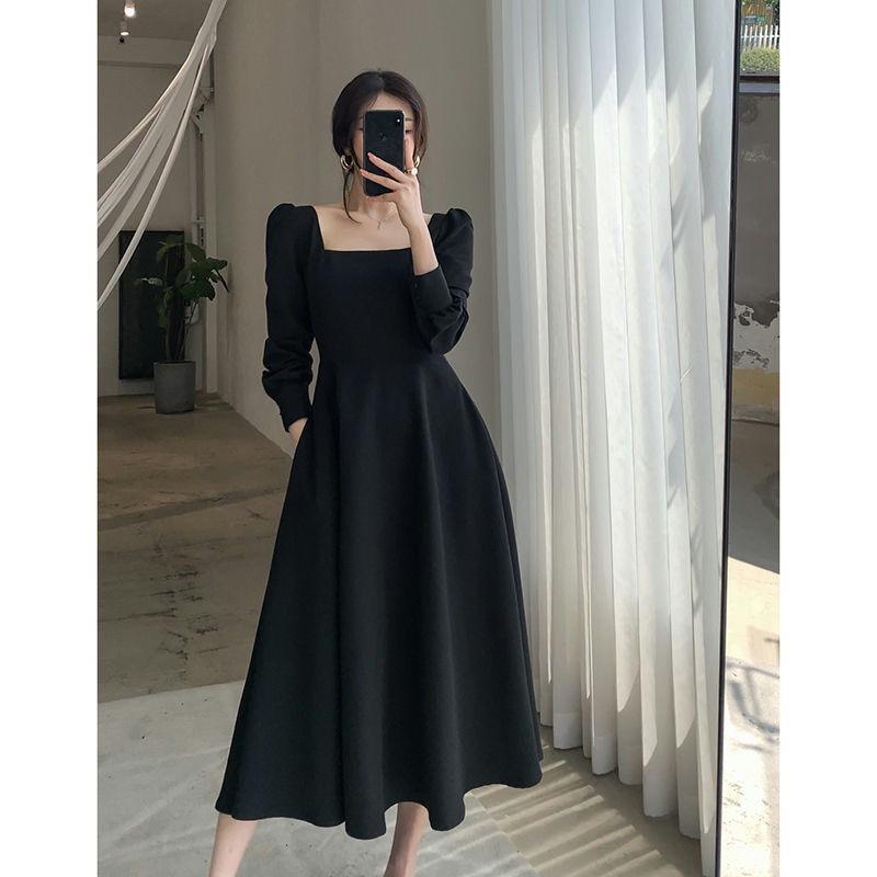 Women's Square Neck Long Sleeve A Line Midi Dress Vintage Elegant Solid Color Fall Dress