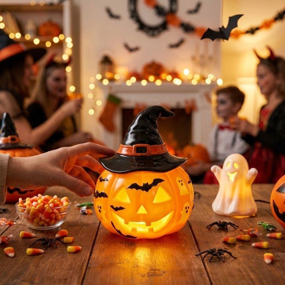 Handcrafted Resin Pumpkin Lamp USB Powered Witch Hat Table Lamp Halloween Table Lamp Office Decor