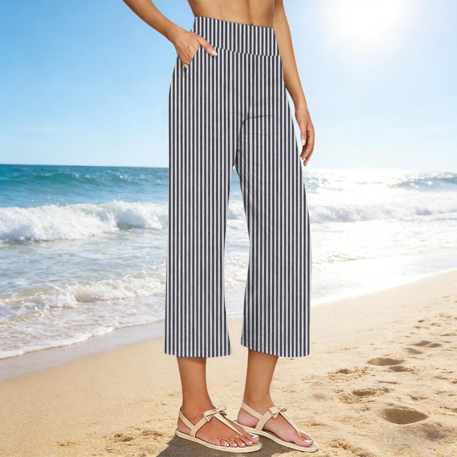 Womens Palazzo Pants Summer Casual Flowy Wide Leg Trousers Beach Travel Vacation Outfits L чёрный