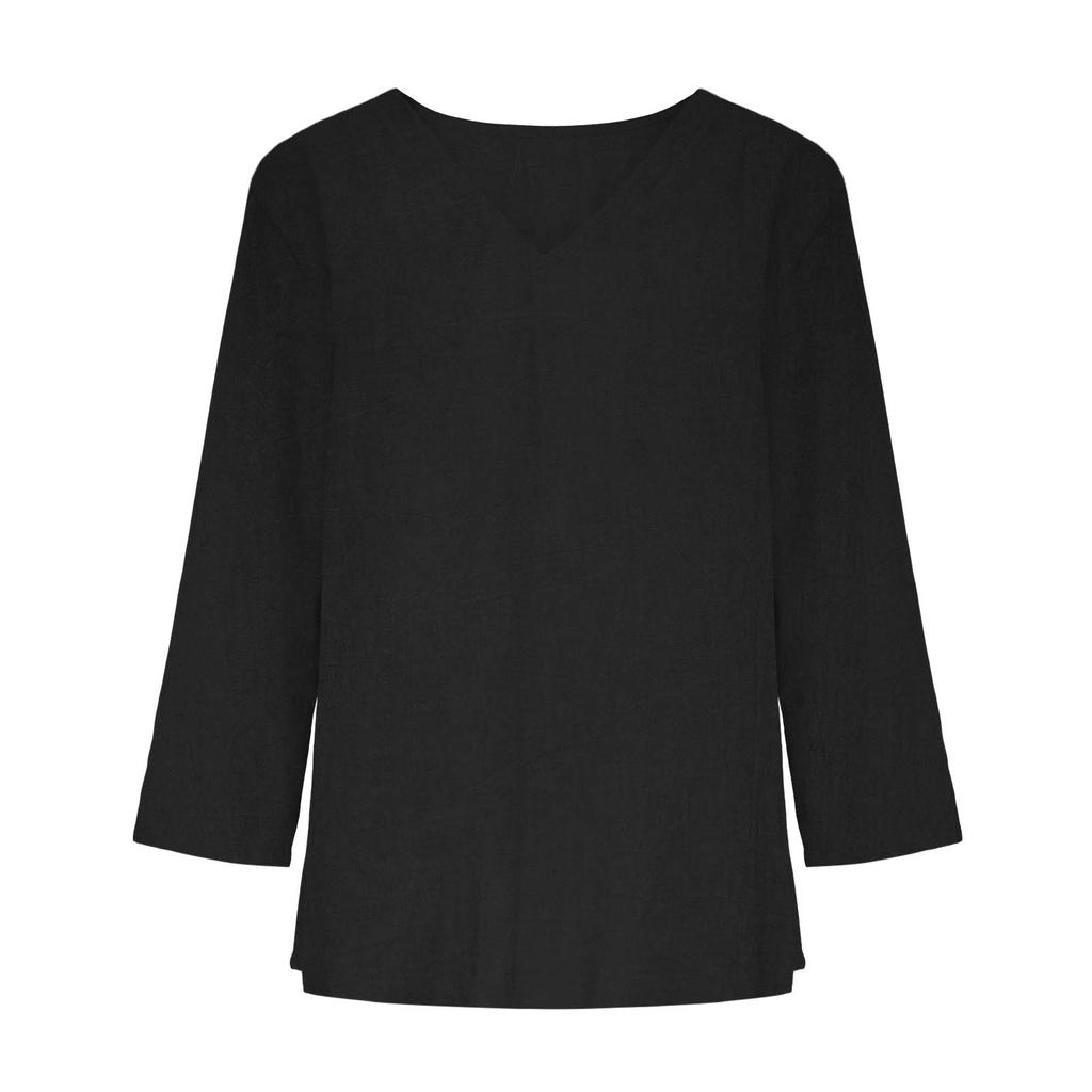 Damen V-Ausschnitt Locker Geschnittenes T-Shirt Lässiges Leinen Baumwollmischung Oberteil Langarm Basic Pullover Entspannte Passform Bluse für den Täglichen Gebrauch