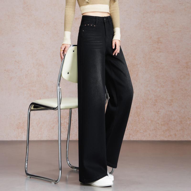 High-end black old money style jeans wide-leg women's pants spring and autumn new models are popular this year commuter straight pants