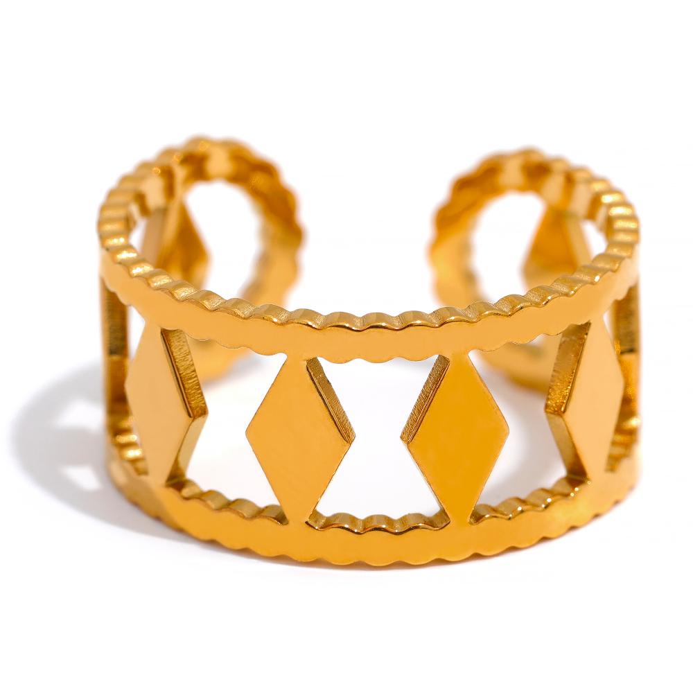 

Yhpup Chic Waterproof Stainless Steel Rhombus Geometric Hollow Open Ring 18k Gold Color Korean Stylish Trendy Jewelry Women 7