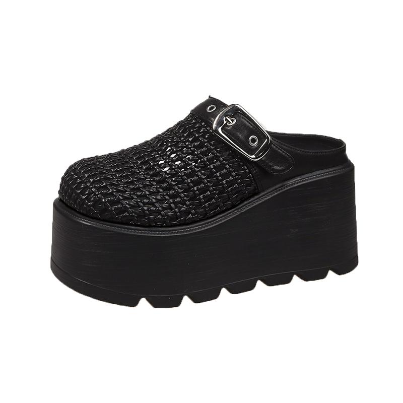 Fashion New Women's Platform Slip-On Sandals Thick Sole 8.5CM High Heels Summer Weave Leather Breathable Outdoor Walking Slippers