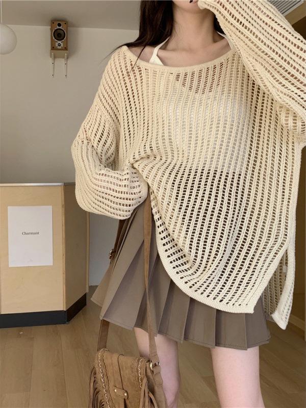2025 Spring Summer Women's Mesh Cardigan: Lightweight, Loose, Off-the-Shoulder Knitwear with Long Sleeves
