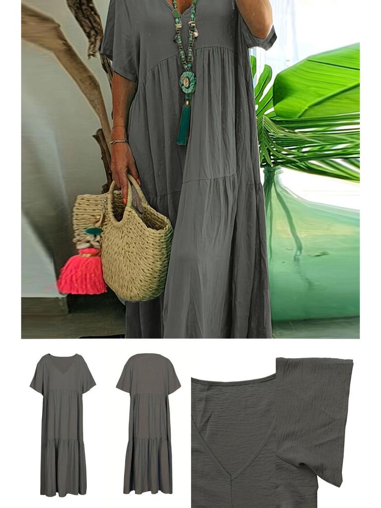 2025 Sommer Damen Einfarbig Locker Kurzarm Schwingkleid