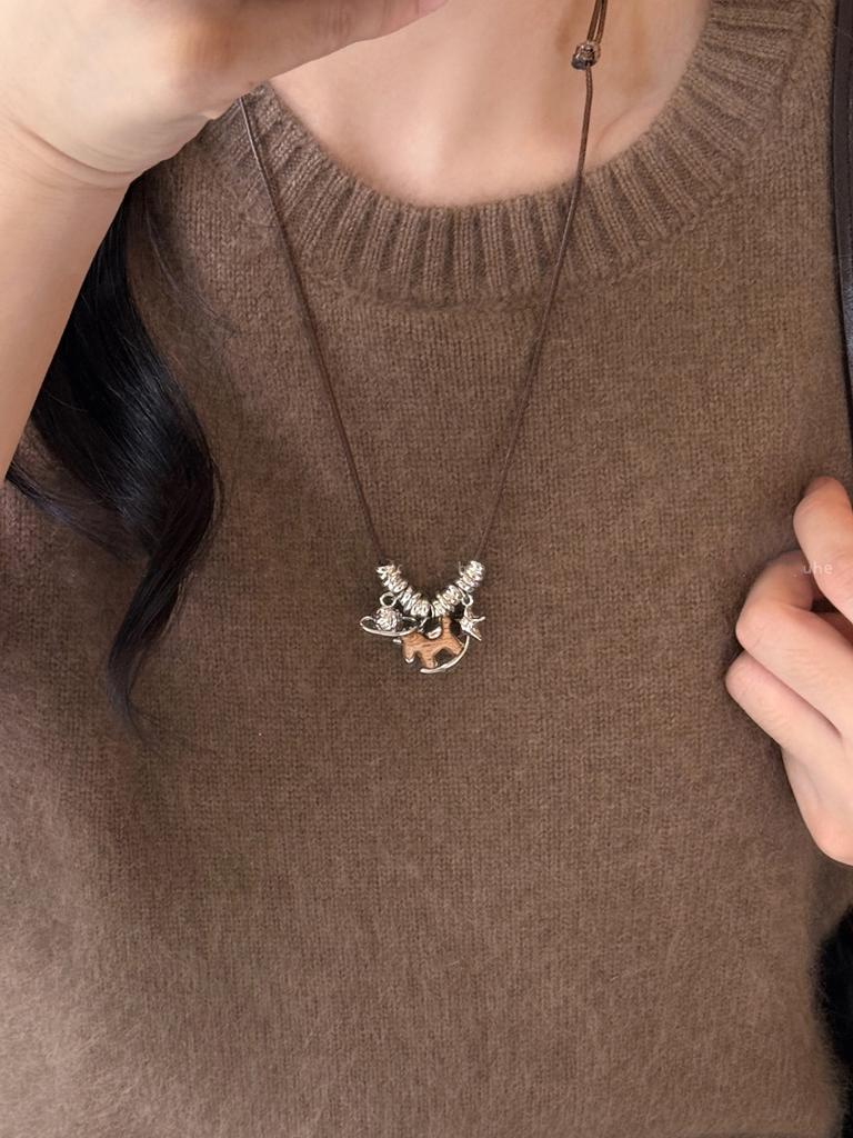 New Chinese style wooden pony pendant necklace retro temperament versatile sweater chain natal year necklace women
