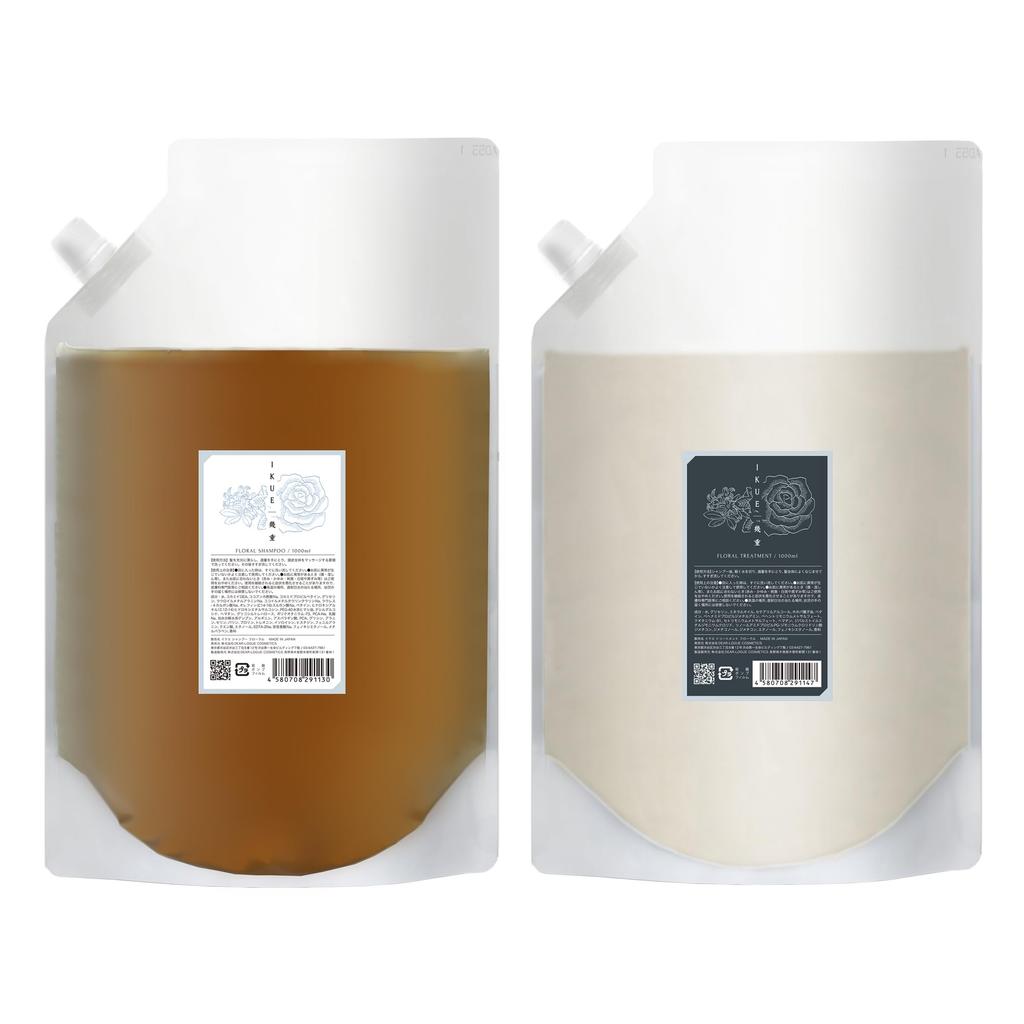 IKUE Shampoo & Treatment Refill Set 1000 mL × 2 (Floral Scent / Salon-Quality Care for Frizz & Dryness)