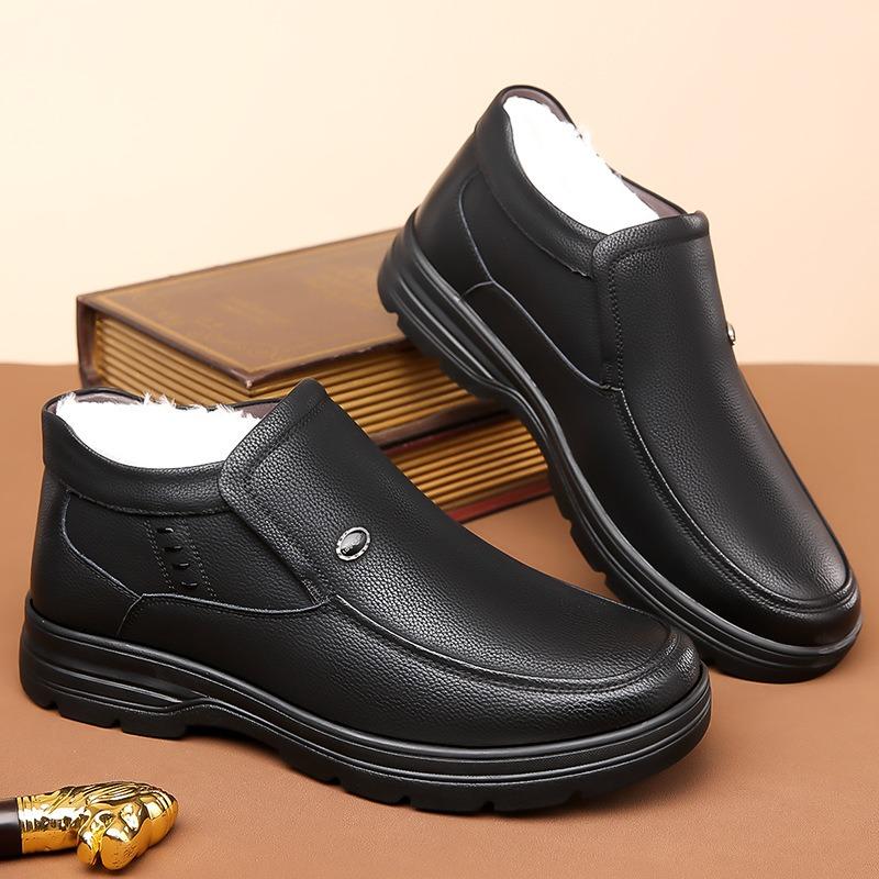 2025 Winter Men's Genuine Leather Cotton Shoes Add Wool Lining Wool Snow Boots Outdoor Warm Thick Work Ankle Boots Dad Footwear