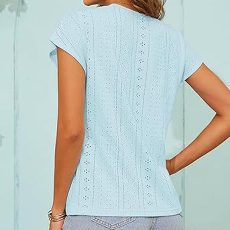 Ladies Summer Short Sleeve V Neck Button Solid Color Jacquard Pullover Hollow T Shirt Top