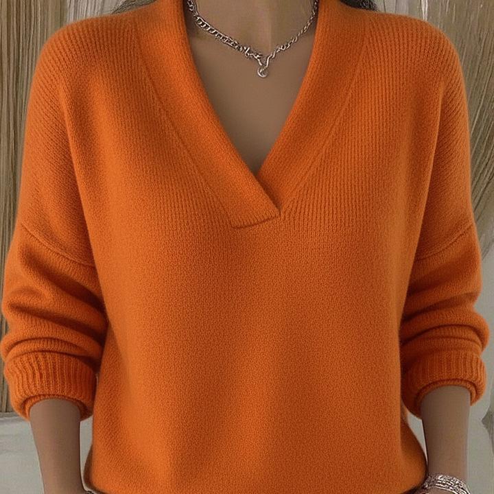 Suéter de punto para mujer con cuello en V, manga larga, color liso, ajuste holgado, jersey casual estilo japonés