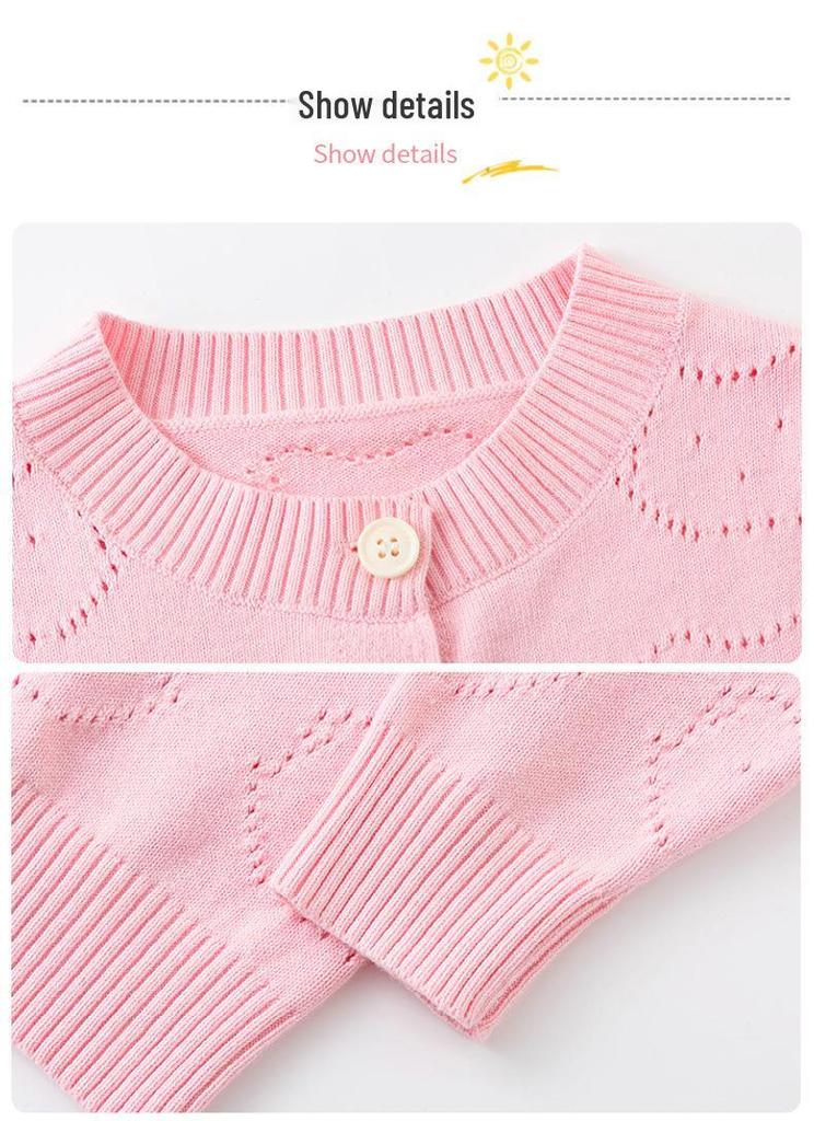 2026 Girls' Baby Bear Hollow Knit Cotton Cardigan: Spring/Summer, Lightweight, Long Sleeve, Airy Knit