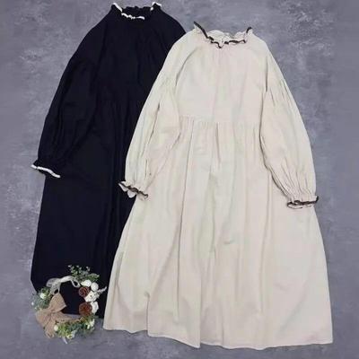 Japanische Rüschen Kragen Kleider Frühling Casual Solide Farbe Lose Einfarbig Taschen Frauen Kleid