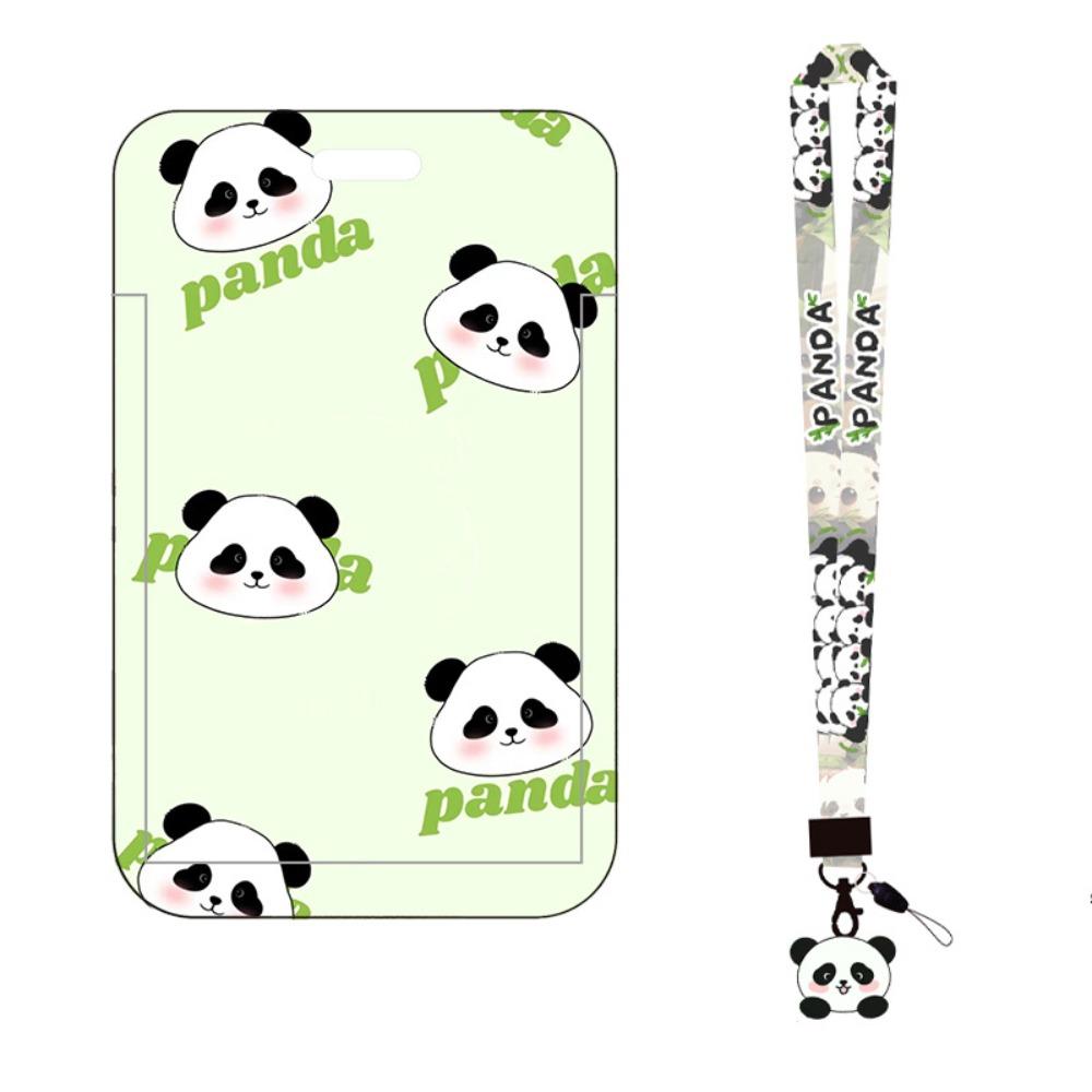 New Panda Printing Plastic Card Holder with Long Lanyard Slide Card Case ID Card Protective Cover