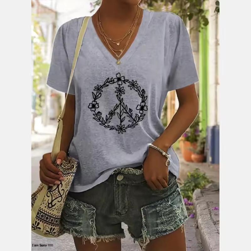 Sommer V-Ausschnitt Damen T-Shirt Friedenssymbol 3D-Druck Lässig Kurzarm Oversized Damenbekleidung Mode Straße Damen T-Shirts