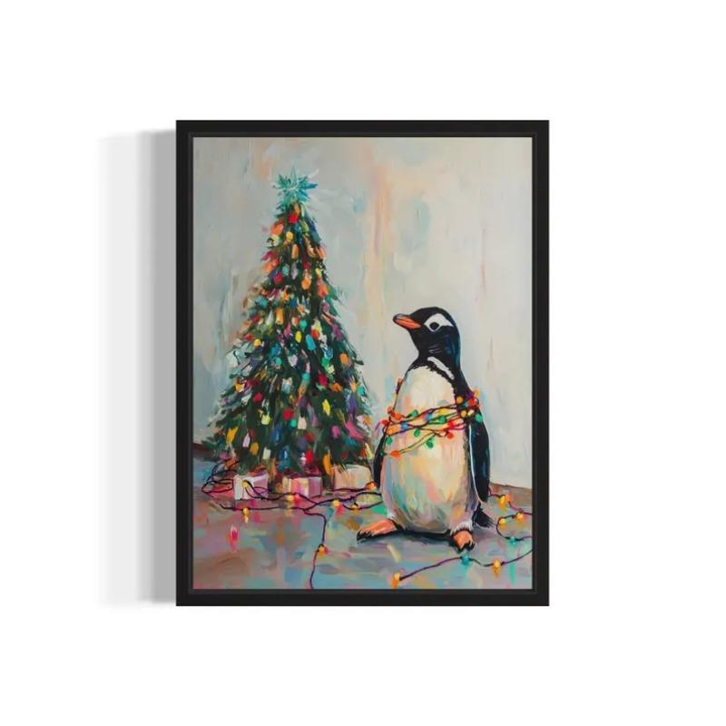 

Penguin Tangled in Christmas Lights Poster Art Print, Animals Wall Art Painting Decor, Holiday Season Xmas Posters 21X30CMNo Framed