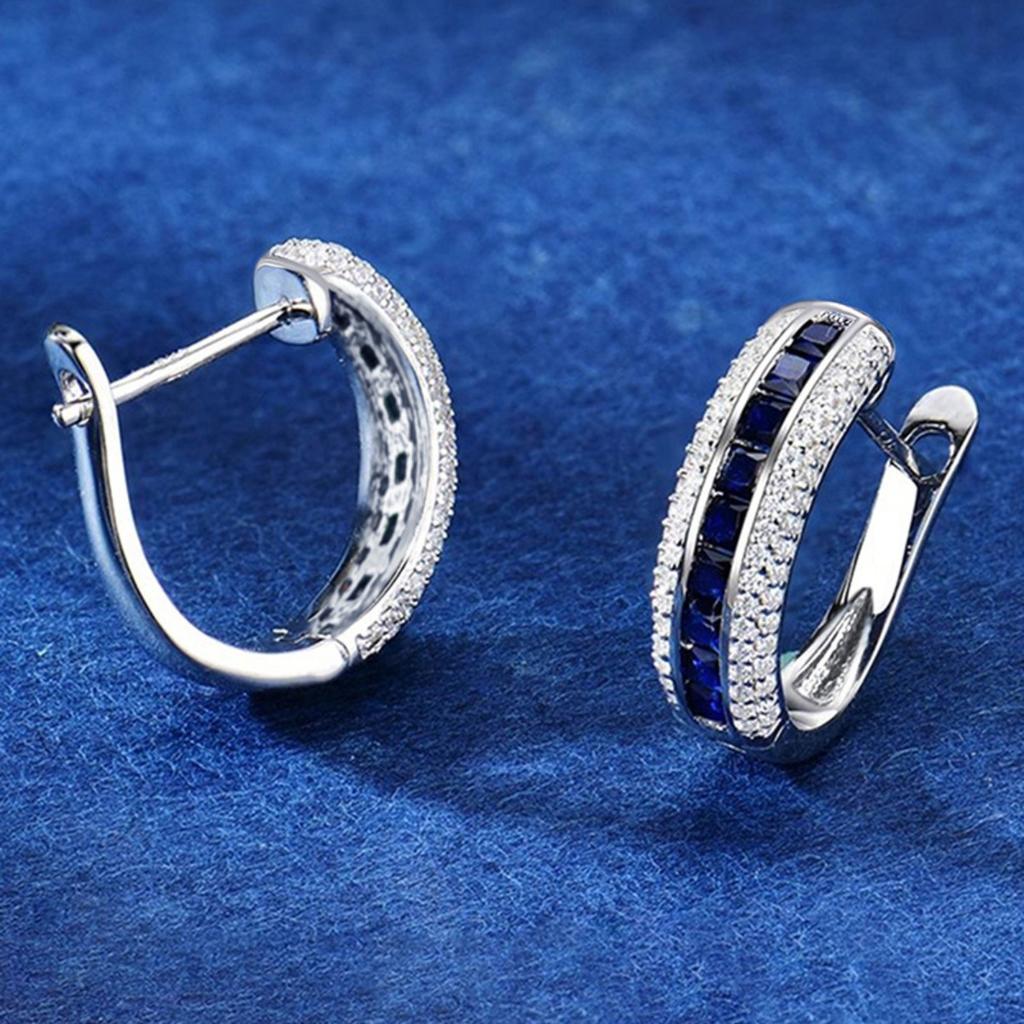 Three Row Two Tone Blue and Clear Stone Curved Huggie Hoop Earrings Women Elegant Ear Jewelry