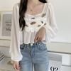 Spring Summer  Crochet Top with Chiffon Flower Embroidery Long Sleeve Square-neck Fake Two-Piece Blouse Hook Flower Hollow Top Sunscreen