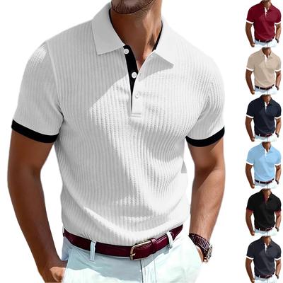 Men's Summer Casual V-Neck Ribbed T-Shirt Short Sleeve Color Tee Top For Holiday Outings