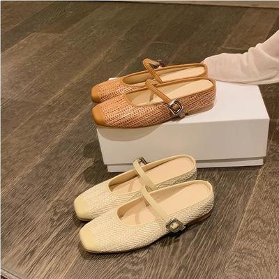With an Inner Height Increase of 5cm~ Holiday Style Straw Woven Square Head Cool Slippers Lazy Half Drag Women's Summer New Models