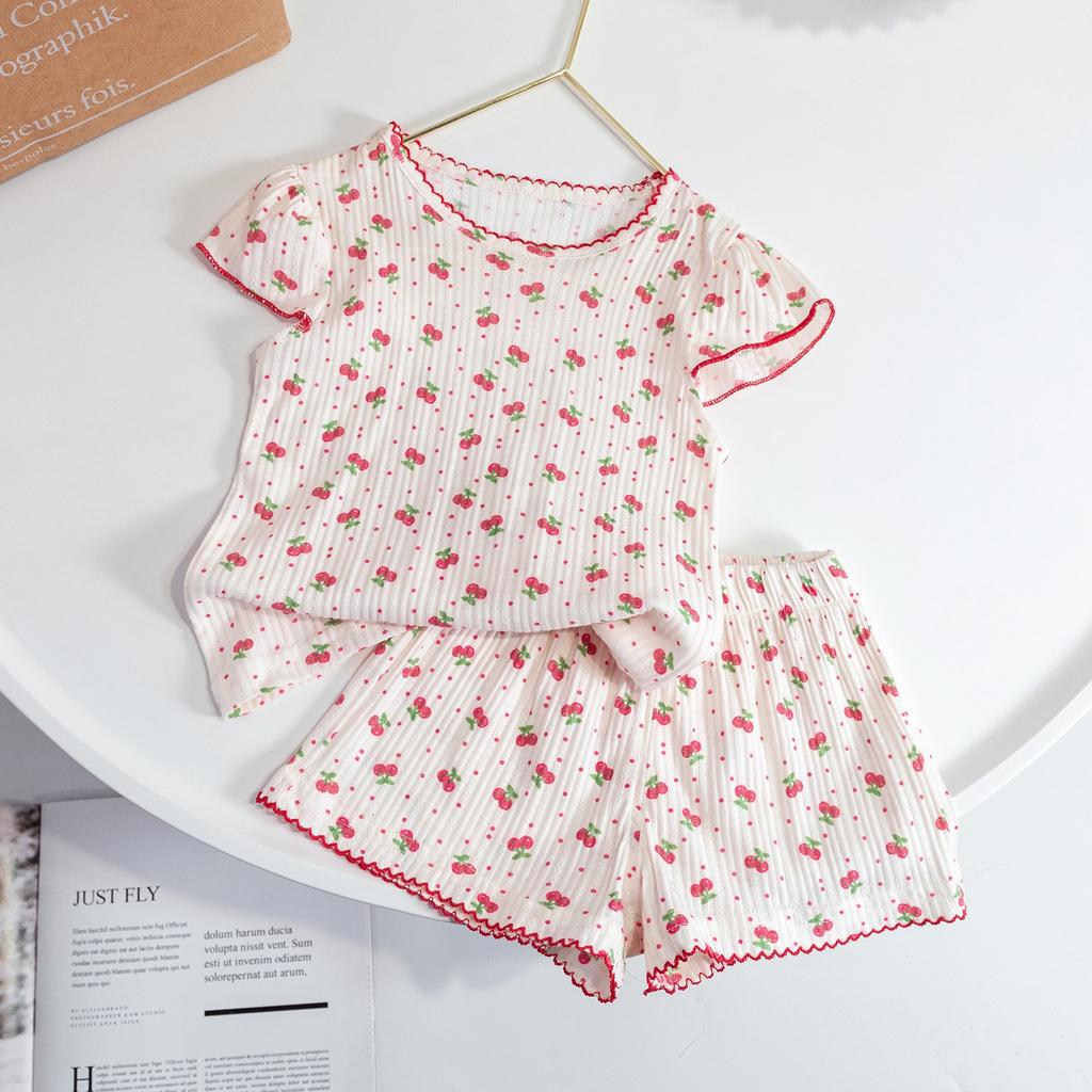 Girls Summer Floral Cap Sleeve Round Neck Short Sleeve Shorts Pajama Set Baby Air Conditioned Room Sleepwear Homewear