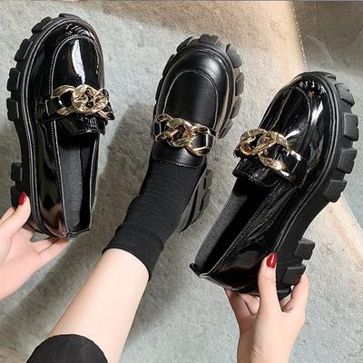 2024 Female Shoes Women Fashion Mary Janes Round Toe Flats Loafers Oxfords Platform Casual Metal Chain Buckle Ladies Heels Black