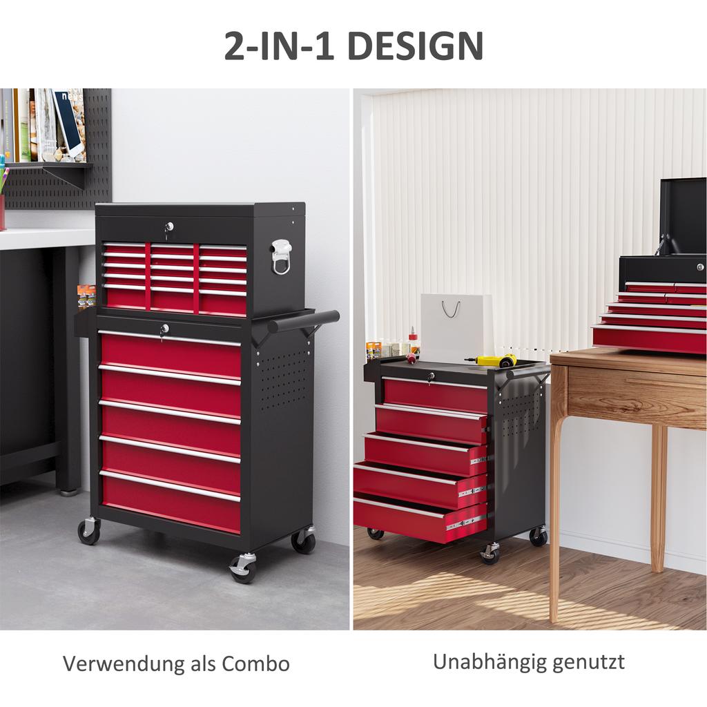 14 Drawer, Two-Part Tool Storage Chest On Wheels - Red