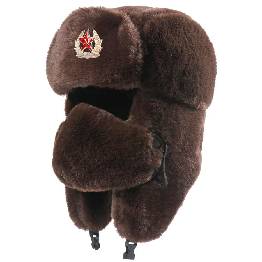 Sowjetisches Wappen Lei Feng Hut Herren- und Damen-Imitat-Kaninchenfell Outdoor-Hut Verdickte Ohrenschützer Russische Thermomütze Kältebeständig Nordost