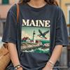 Vintage Maine State Lighthouse and Puffin T-and Kids Tshirt, New England Coastal Tee and Seaside Souvenir