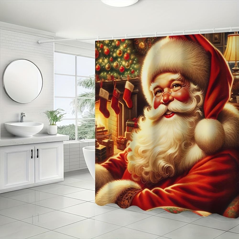 4Pcs Bathroom Shower Curtain Set Santa Claus  Bathroom Curtain With 12 Hooks Non Slip Rugs Toilet Cover Mat Bathroom Partition