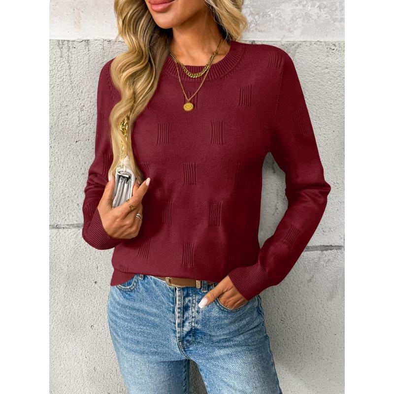Women S Casual Knitted Pullover Sweater Round Neck Long Sleeve Solid Color