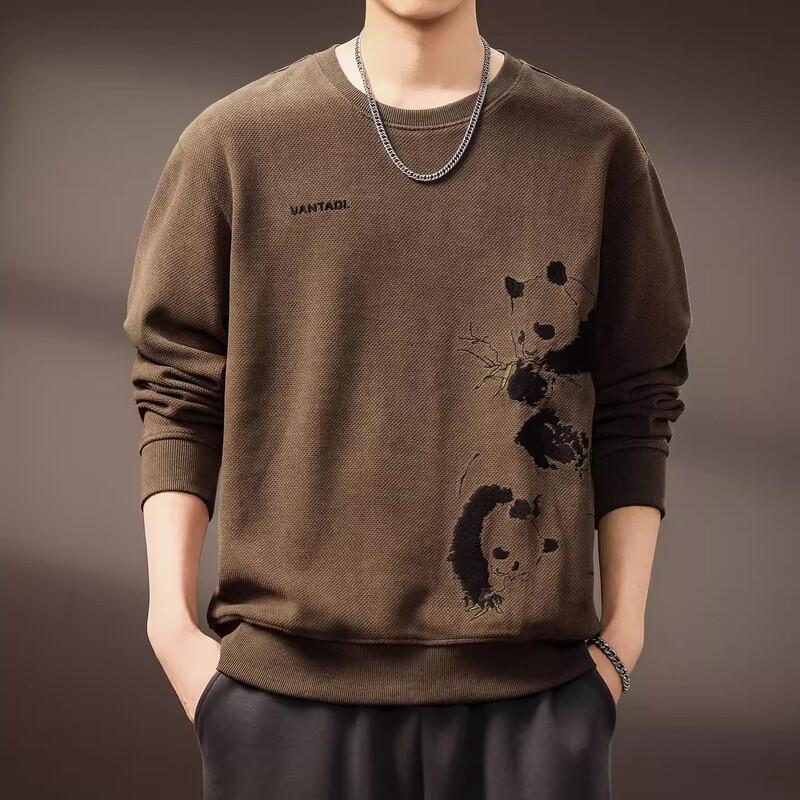 Men's American Retro Panda Print Long Sleeve Crewneck Sweatshirt