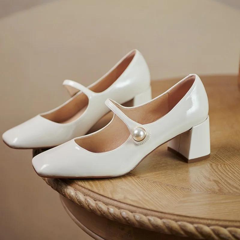 Fashion Retro Thick Heel Leather Pearl Buckle Mary Jane Shoes Ladies Designer Soft Sole Women's High Heels Fashion Casual Pumps Ladies