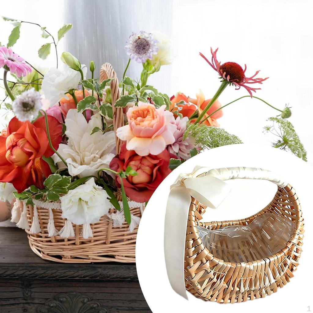 Half Moon Wicker Basket, Decoration Flower Holder Elegant Boho for Wedding Party Decor Girl