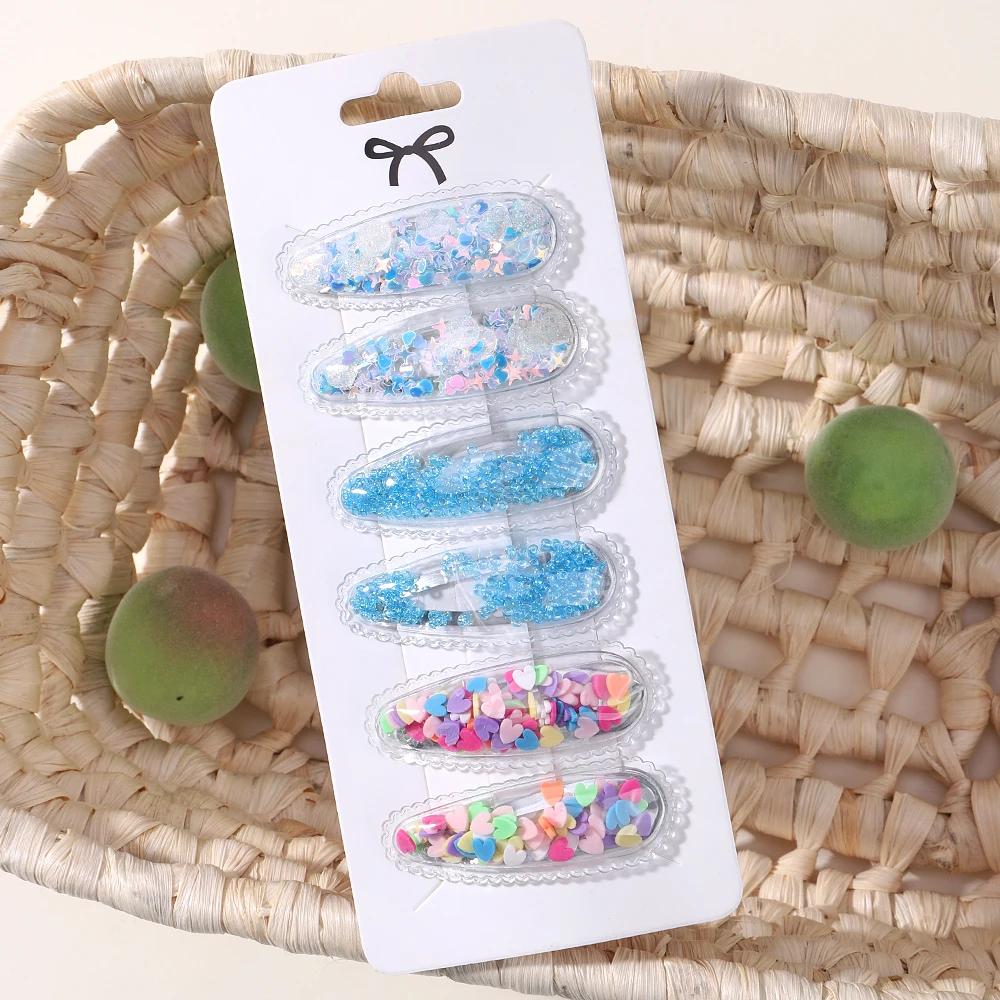 

6 шт./набор Модные блестящие заколки для волос BB Цвет Прозрачный Сыпучий песок Челка Зажимы для волос Милые мультяшные детские головные уборы Аксессуар