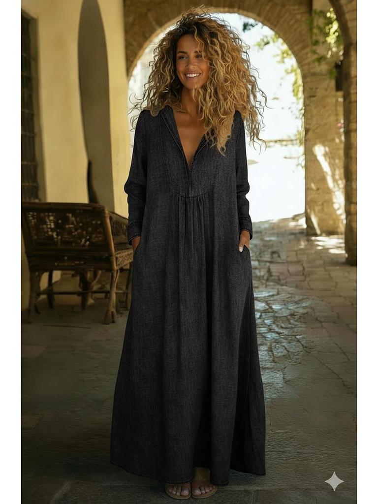 Loose Comfortable V-neck Denim Maxi Dress with Pockets