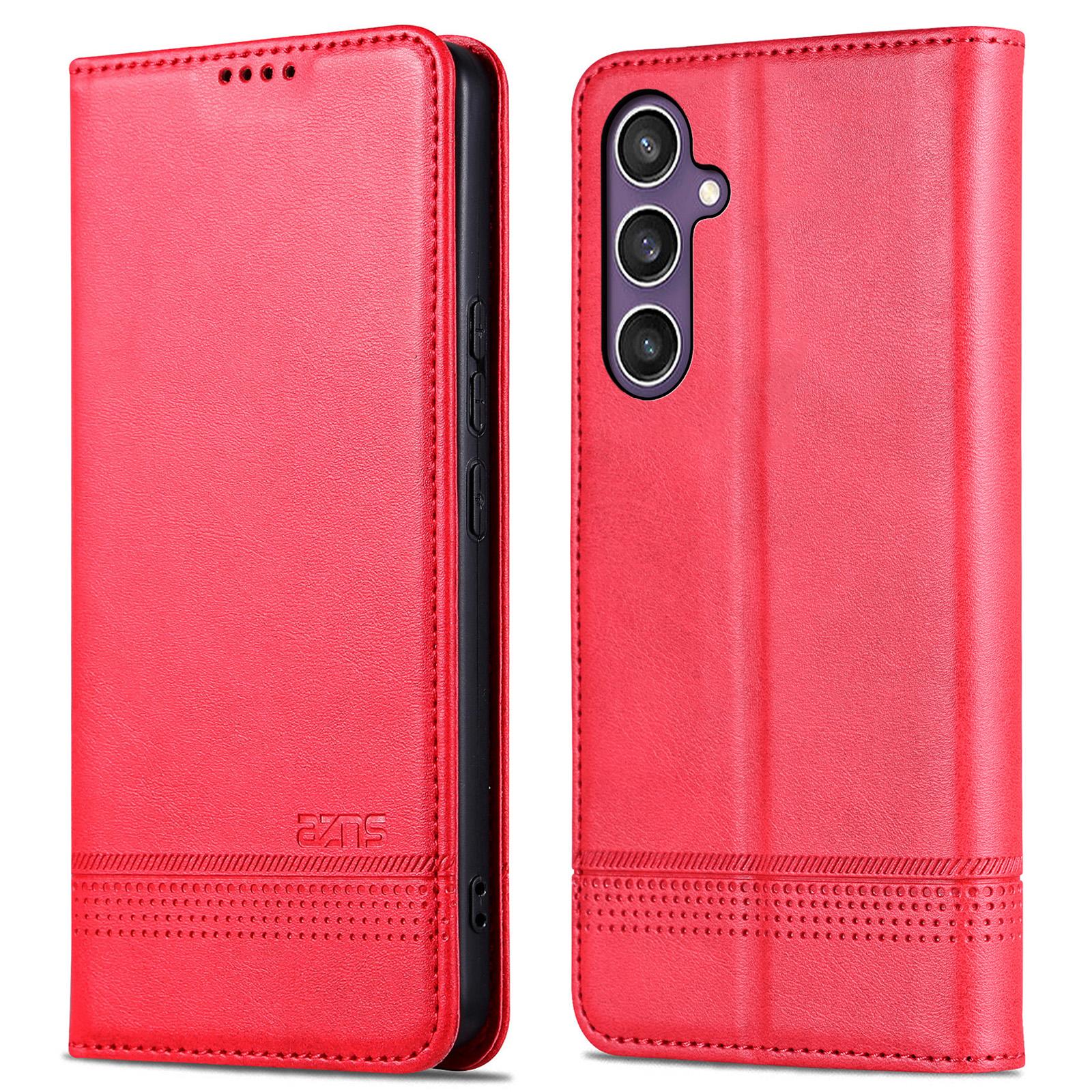 

For Samsung Galaxy S24 FE Cowhide Texture Phone Stand Case Magnetic PU Leather Phone Shell Cover Red