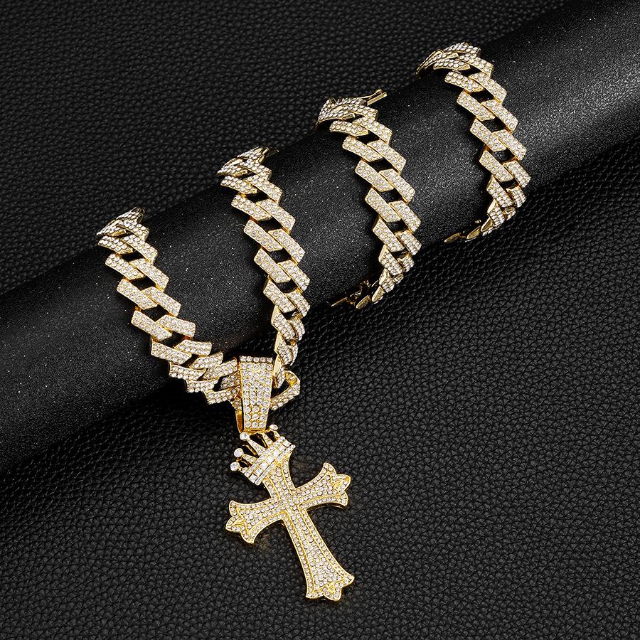 Full Diamond Crown Cross Pendant Necklace Men's and Women's Alloy Diamond Set Necklace Diamond Cuban Chain