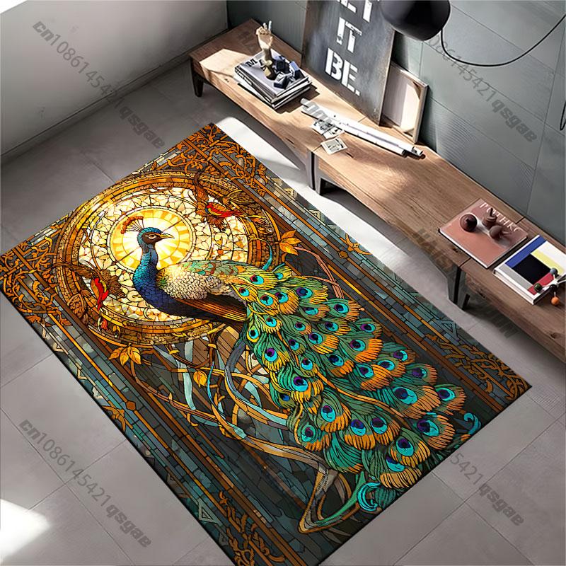 Radiant peacock vibrant stained glass carpet Yoga living room room decor children's crawling mat doormat area rug