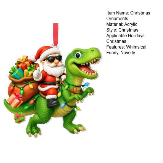 Santa Riding Dinosaur Ornament Funny Santa Claus Acrylic Hanging Decoration Novelty Dino Christmas Tree Ornament for Kids Boys Men
