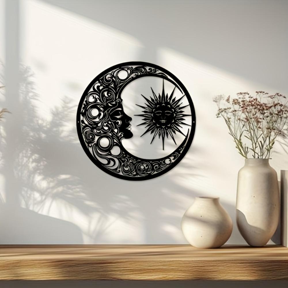 Wrought Iron Sun Moon Wall Art, Handmade Metal Decor for Living Room Bedroom Garden Gate Fence