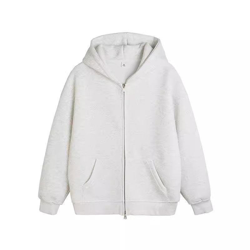 450g Fleece-Lined Drop Shoulder Pure Cotton Zipper Hoodie (No Hood, Large Fit, Double Zipper, Same Color Base, Trendy Brand)