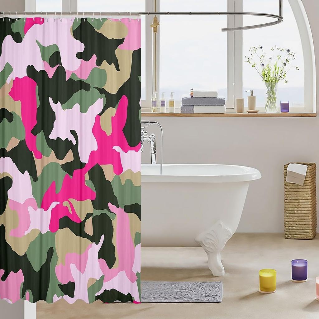 Grün Pink Camouflage Wasserdichter Badezimmervorhang Militär-Thema Duschvorhang, Armeecamo Duschvorhang Buntes Muster Badezimmer