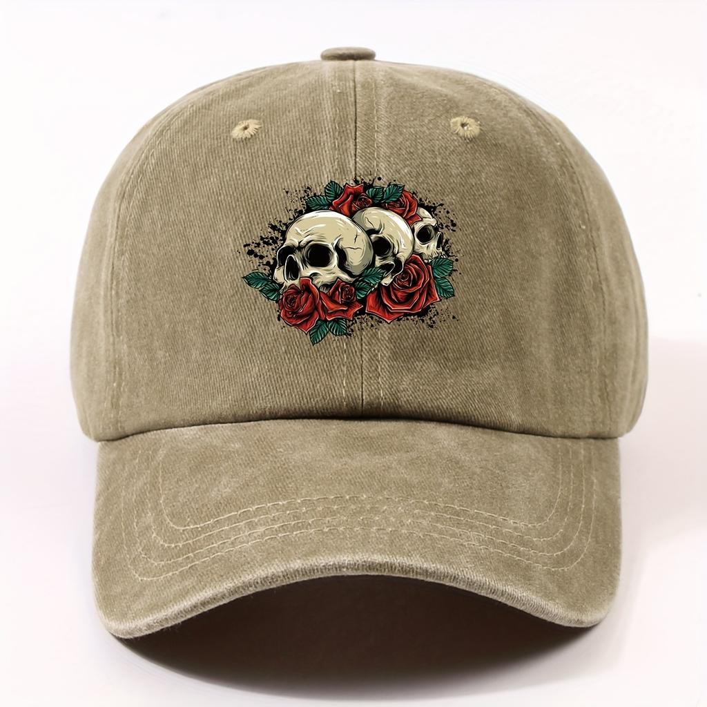 A Trendy Baseball Cap Featuring a HipHop Style Skull And Rose Pattern Suitable for Both Men And Women Perfect for Outdoor