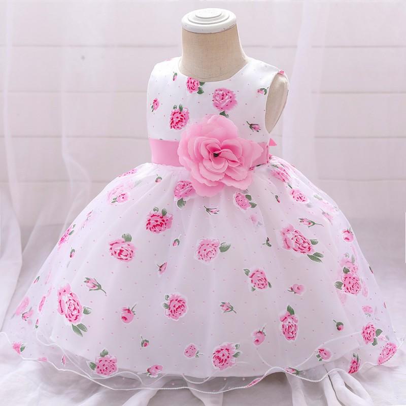 Baby Girl Princess Dress Pink Tulle Printed Gown 1-3 Years Old Kids Party Wear