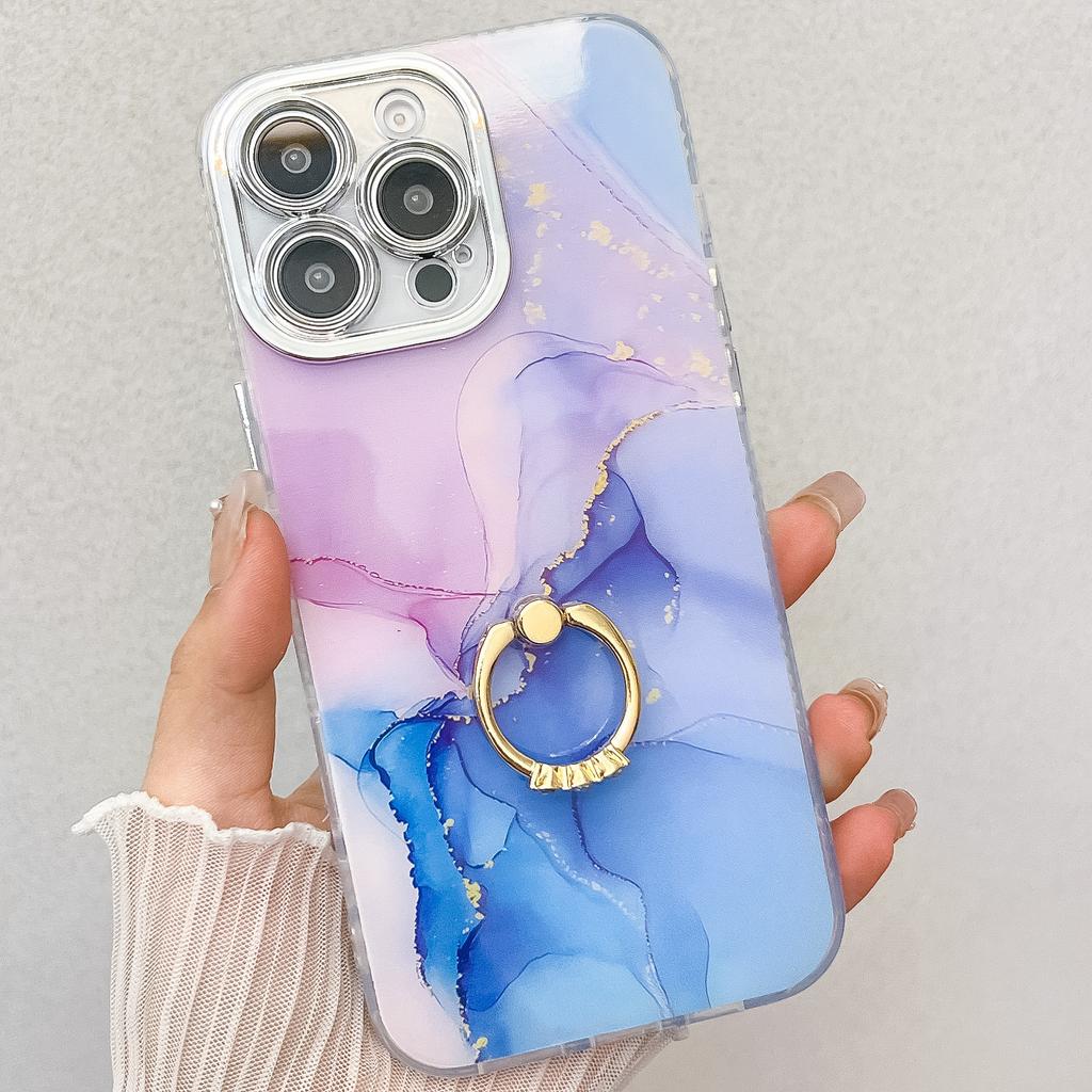 Suitable for IPhone16 Electroplated Phone Case, Apple 15promax Marble-patterned Ring Stand Cover