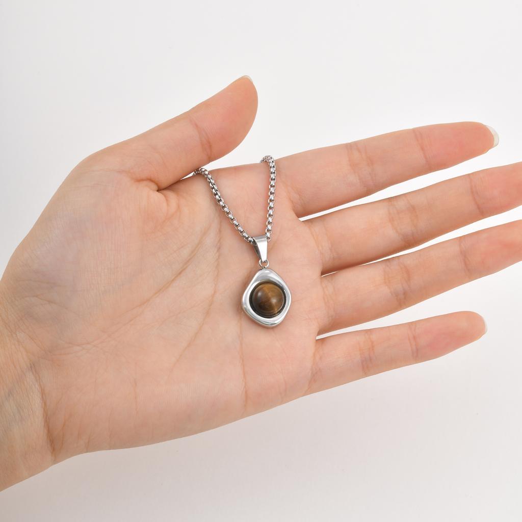 Stainless Steel Irregular Pendant Necklace for Men, Vintage Natural Agate Tiger Eye Stone Necklace, Fashion Punk Jewelry Gift