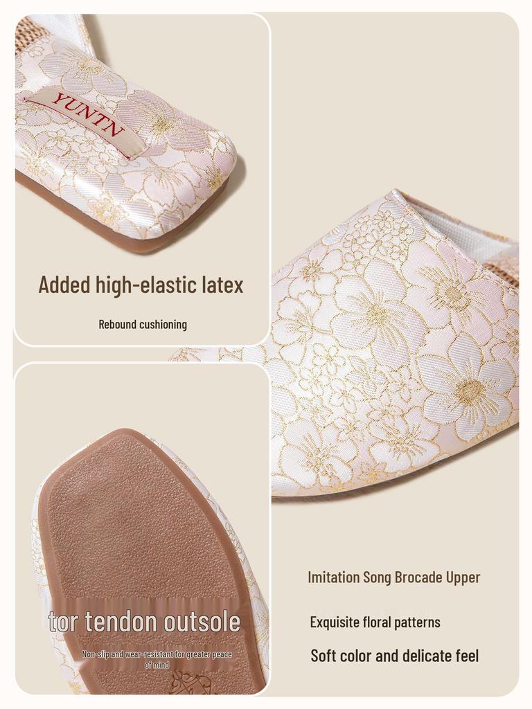 Autumn Elegant Chinese Embroidered Linen Clog Slippers for Women – Non-Slip, Lightweight, with Beef Tendon Sole