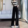 145cm Fleece-Lined High-Waisted Wide-Leg Chenille Pants - Women's XS, Petite, Black, Casual Autumn/Winter