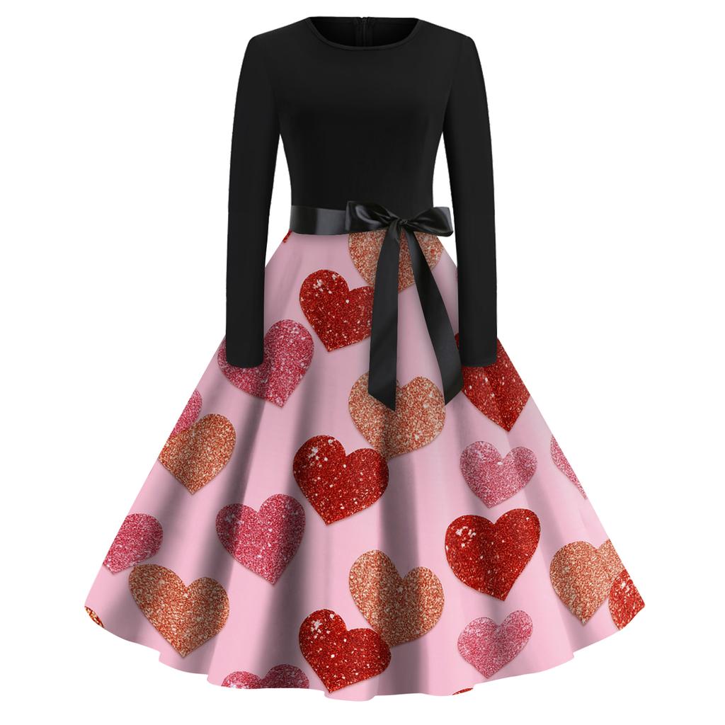 Women's Fashion Round Casual Slim Fit  Print Large Swing Long Sleeve Dress