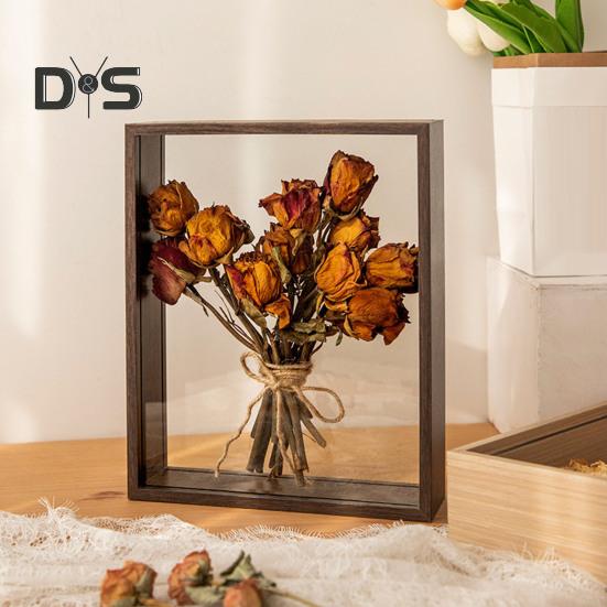 Wooden Photo Frame Clear Double-sided Display Stand Rustic Desktop Floating Picture Frame for Dried Flower Display DIY Crafts